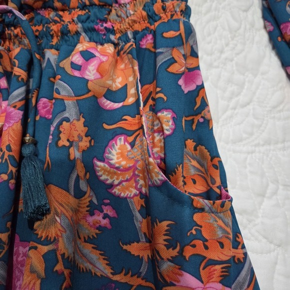 Anthropologie Boemo Maxi Tiered Dress Floral Teal Pink Size Small Tassle Ties - Picture 5 of 14